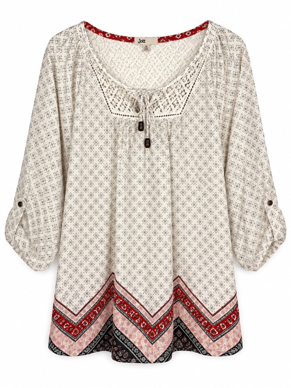 Jolt Floral Print Lace Inset Roll Tab Sleeve Tunic Blouse Size XL